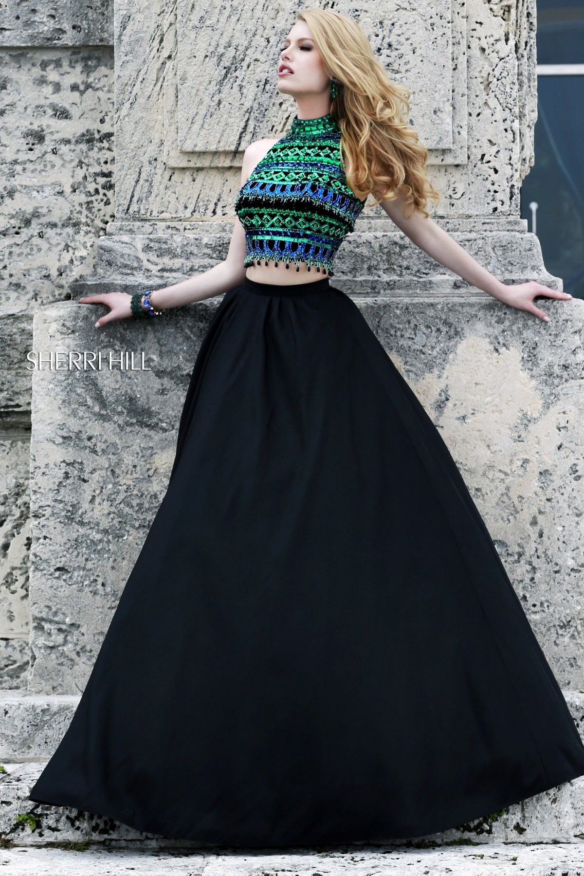 Sherri Hill 32205 two-piece chiffon gown with beaded crop top in black/multi