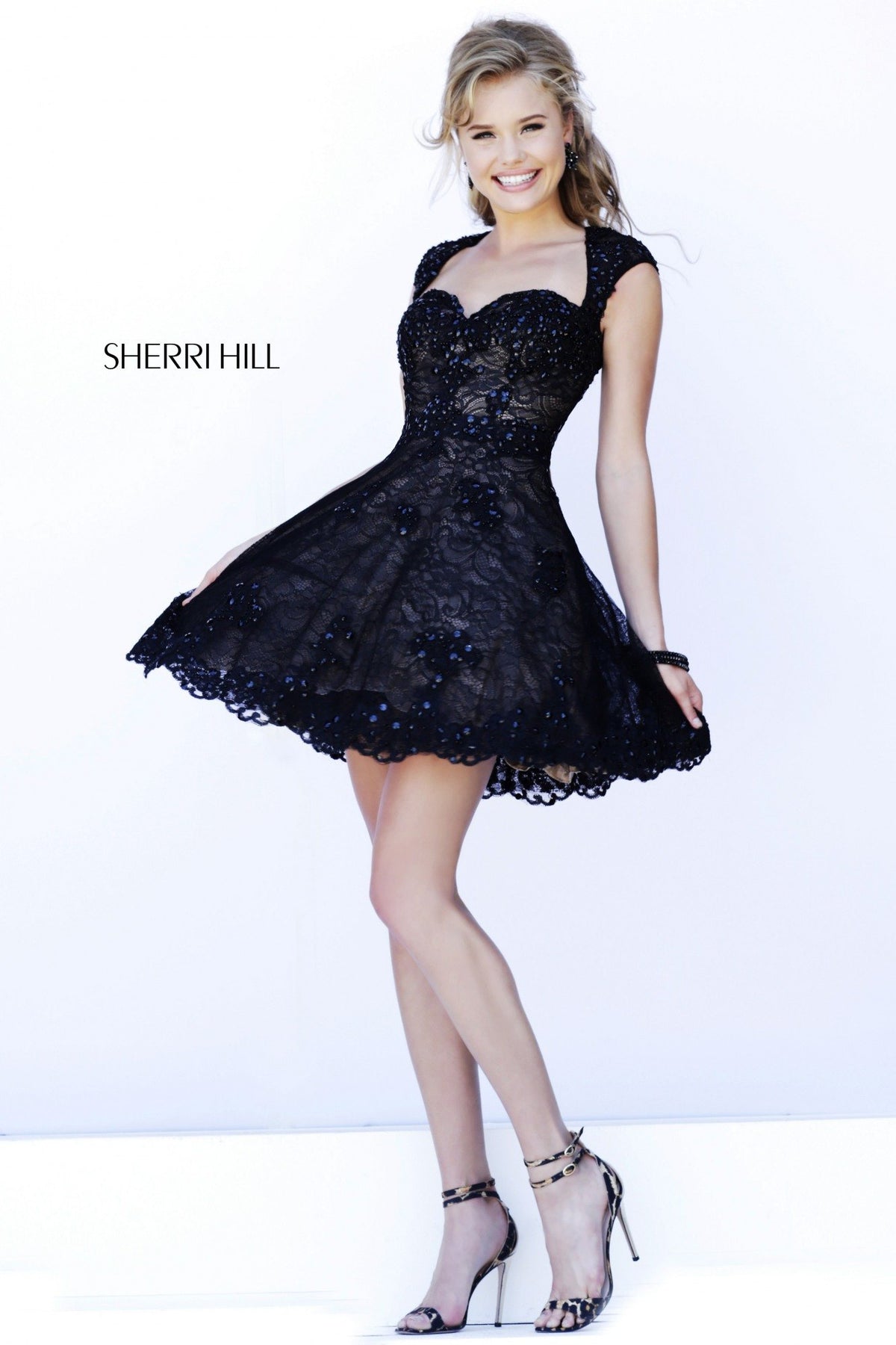 Sherri Hill 4331 cap-sleeve lace cocktail dress with full skirt in black/nude