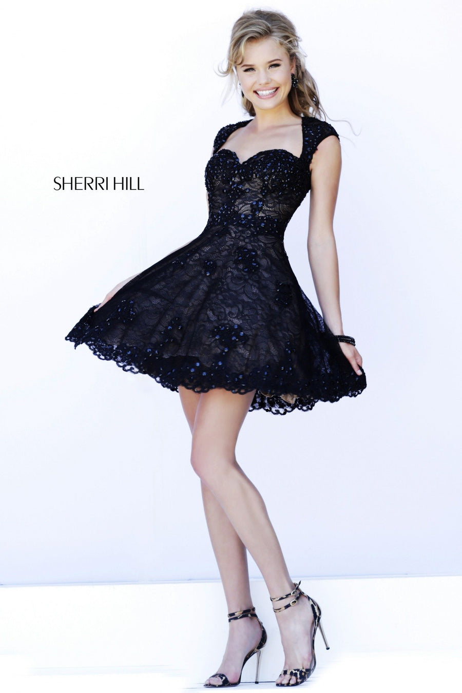 Sherri Hill style 4331 in black/nude, Cap-Sleeve Lace Cocktail Dress with Full Skirt