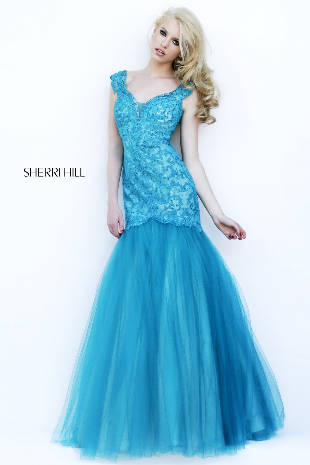 Sherri Hill 5602 beaded mermaid gown with tulle skirt in teal
