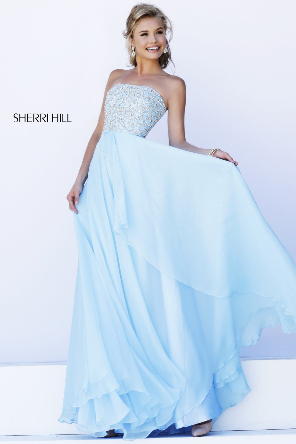 Sherri Hill 8554 strapless chiffon gown in light blue