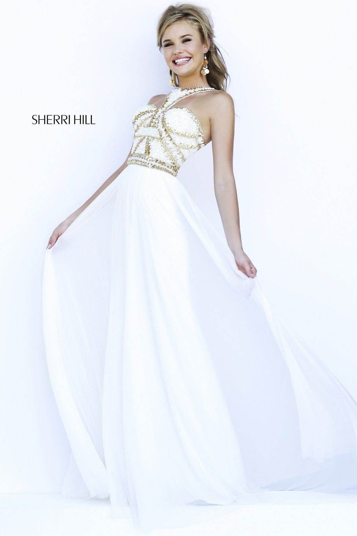 Sherri Hill 9739 halter beaded chiffon gown in ivory/gold