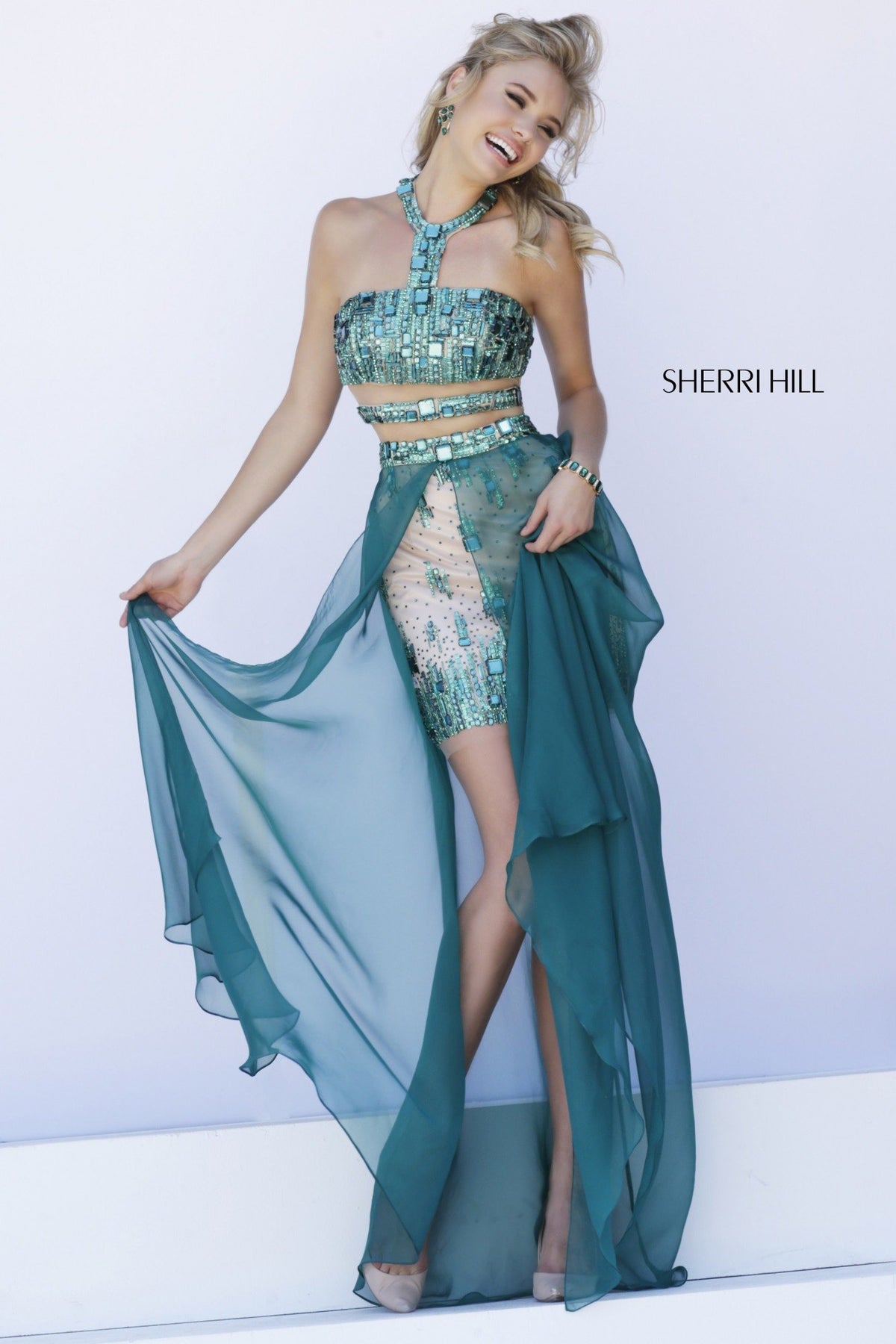 Sherri Hill 9743 halter lace fitted gown with chiffon overskirt in emerald