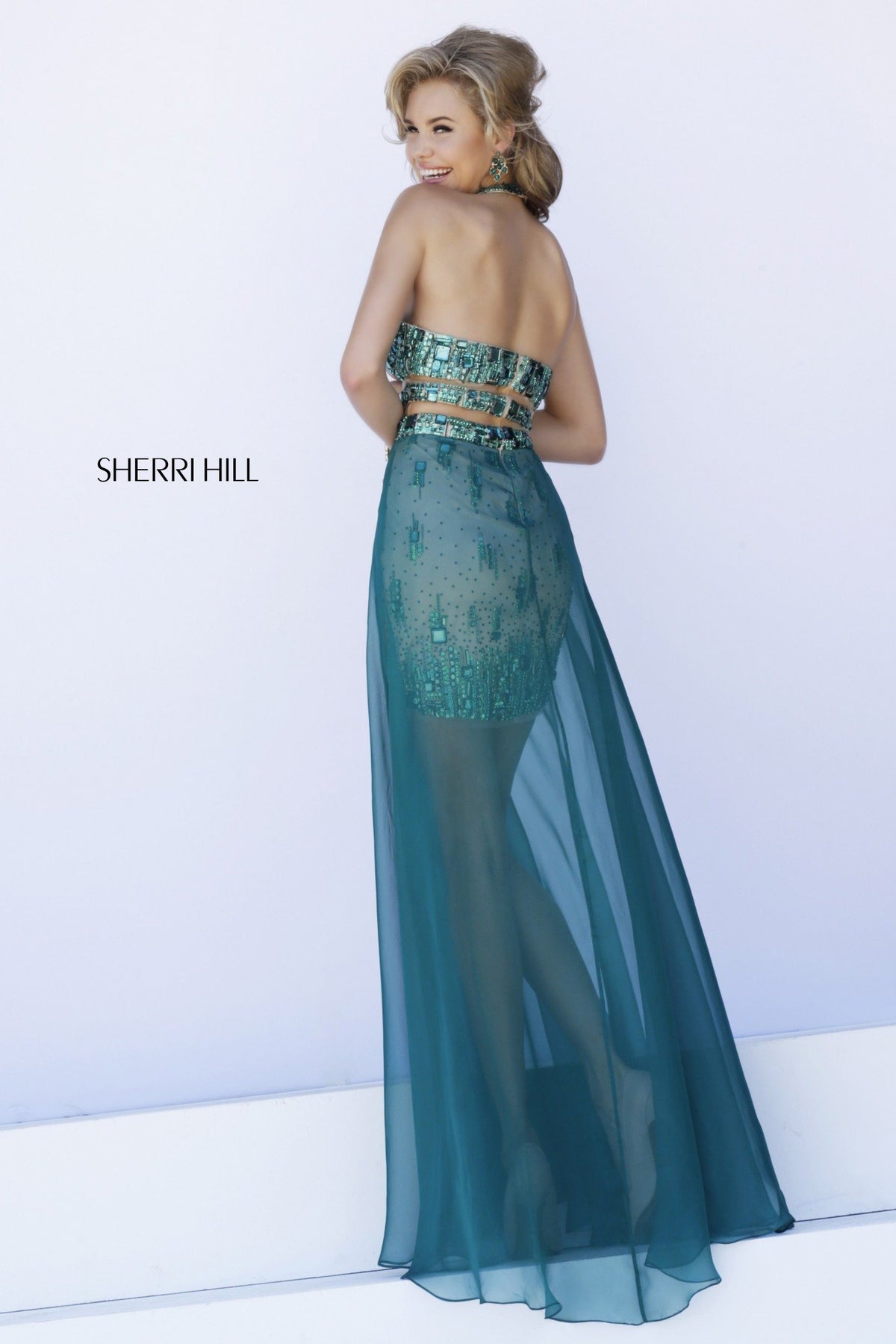 Sherri Hill 9743 halter lace fitted gown with chiffon overskirt