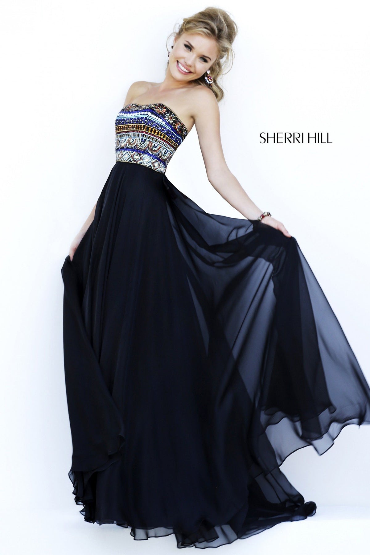 Sherri Hill 11241 strapless beaded bodice chiffon gown in black/multi
