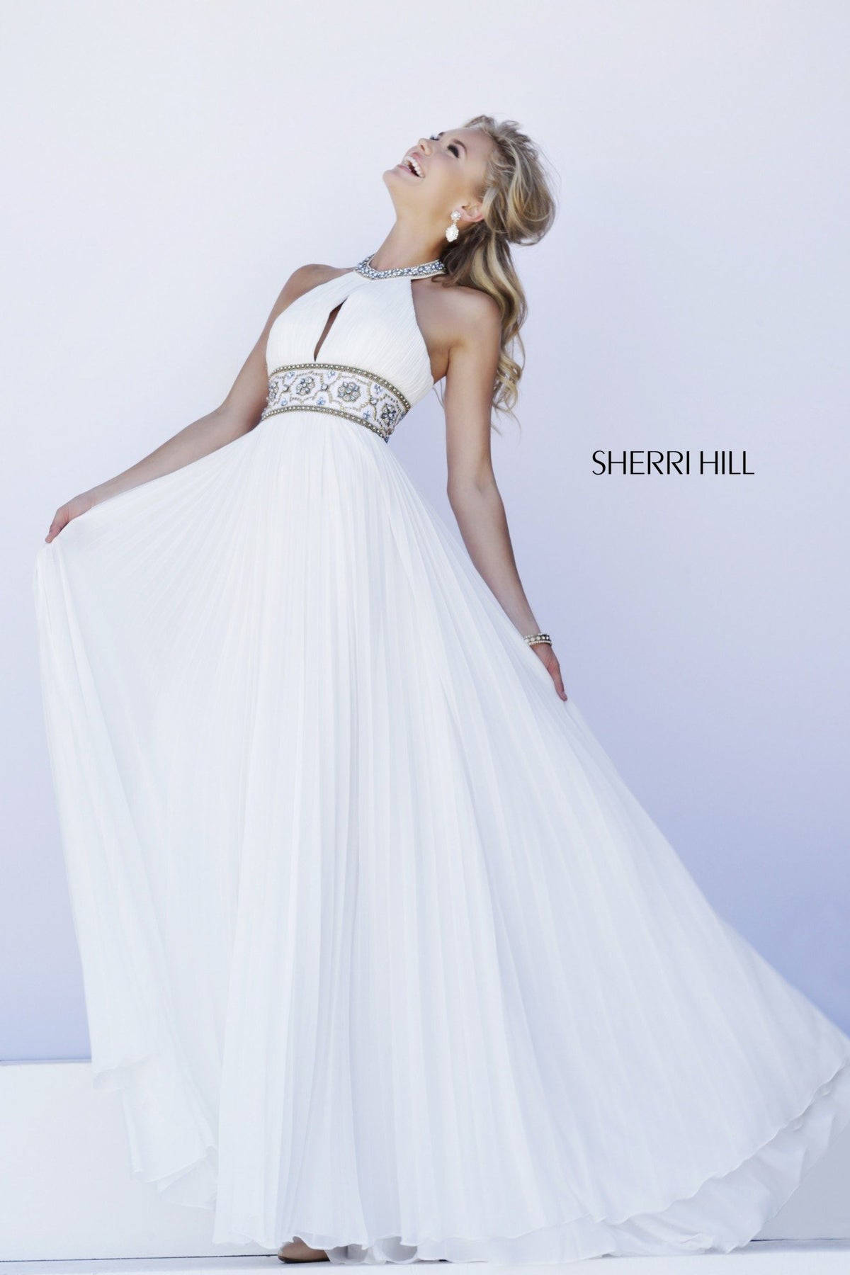 Sherri Hill 11251 pleated chiffon gown with beaded waist in white