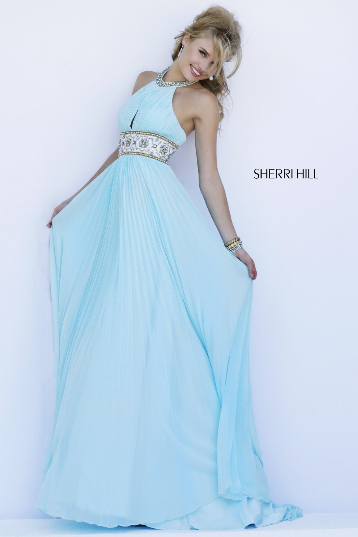 Sherri Hill 11251 pleated chiffon gown with beaded waist in light blue