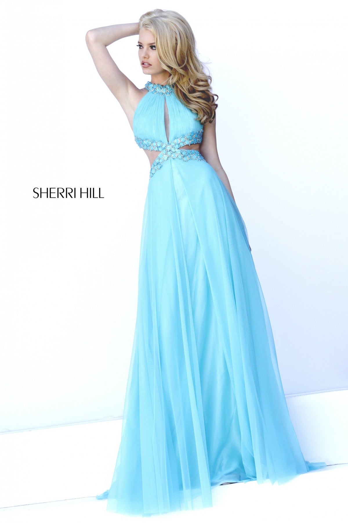 Sherri Hill 32113 halter chiffon gown with beaded waist in aqua