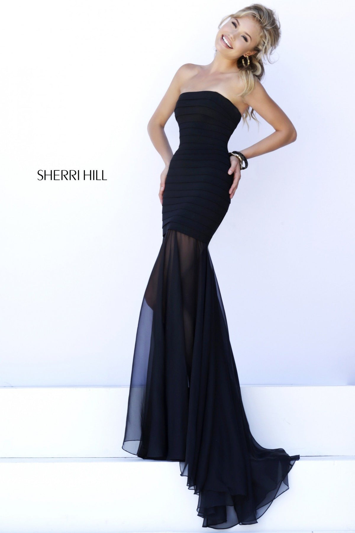 Sherri Hill 32167 strapless mermaid gown with chiffon skirt in black