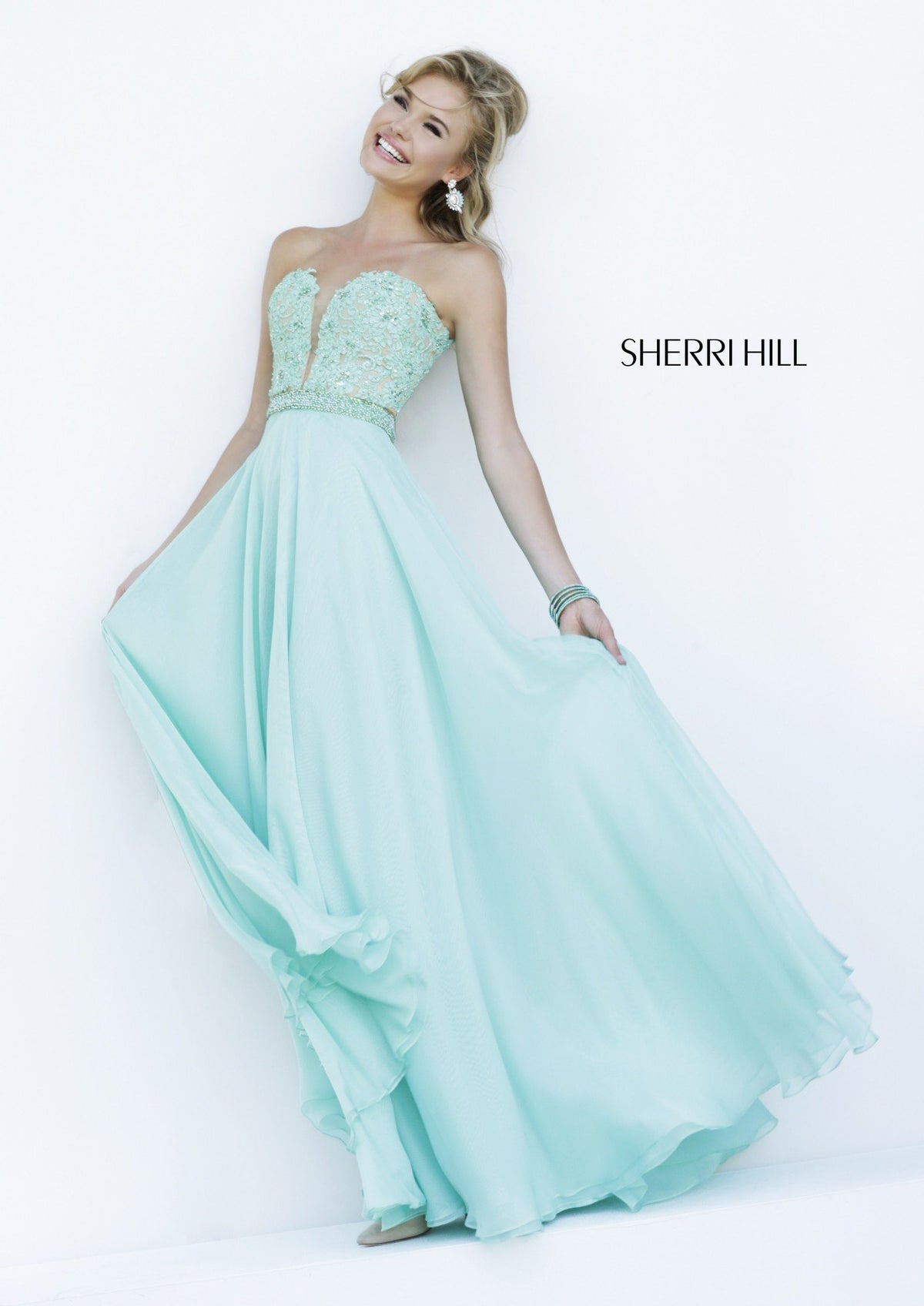 Sherri Hill 32180 strapless beaded bodice chiffon gown in light green/nude