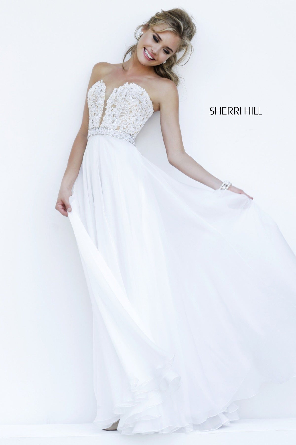 Sherri Hill 32180 strapless beaded bodice chiffon gown in ivory/nude