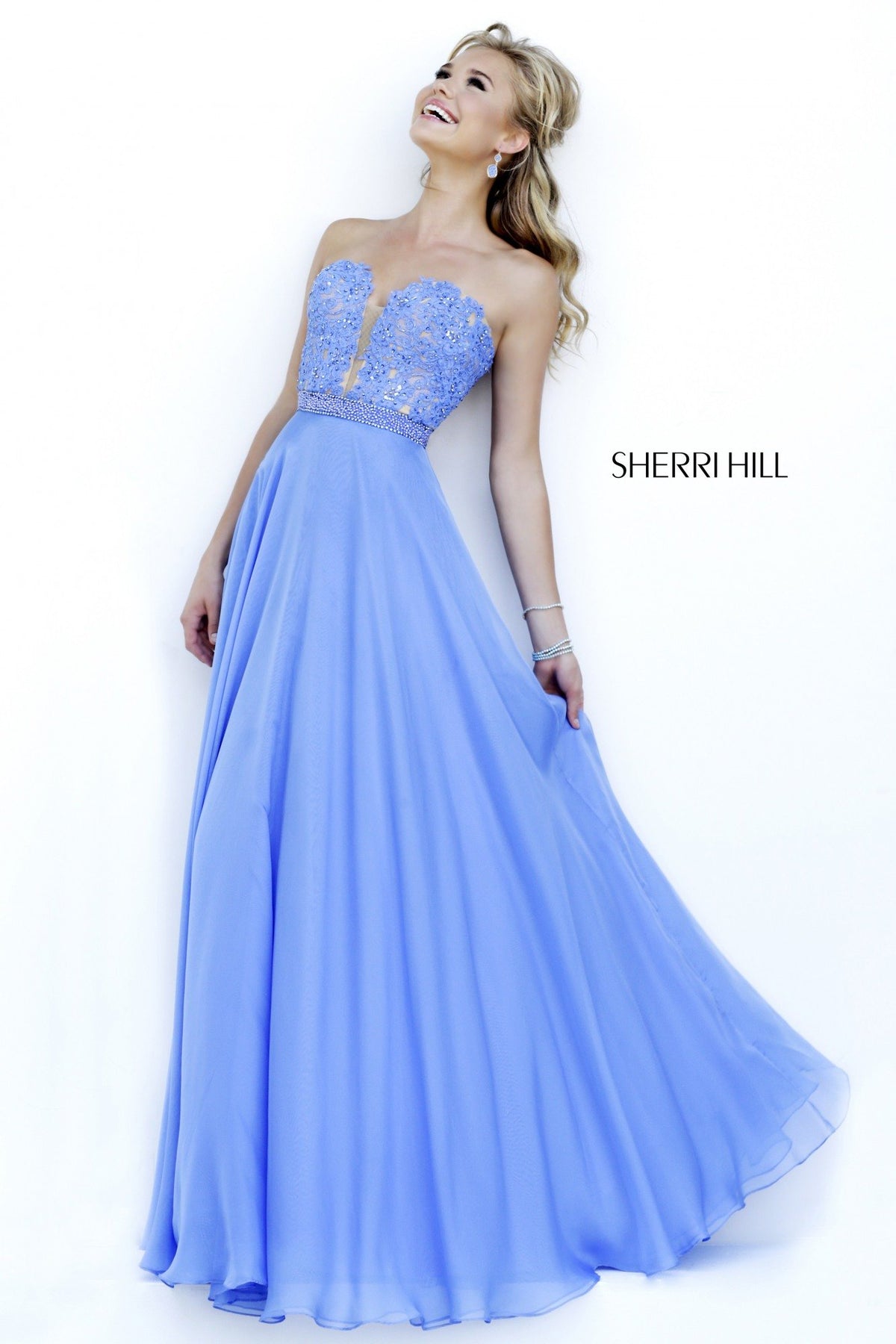 Sherri Hill 32180 strapless beaded bodice chiffon gown in periwinkle/nude