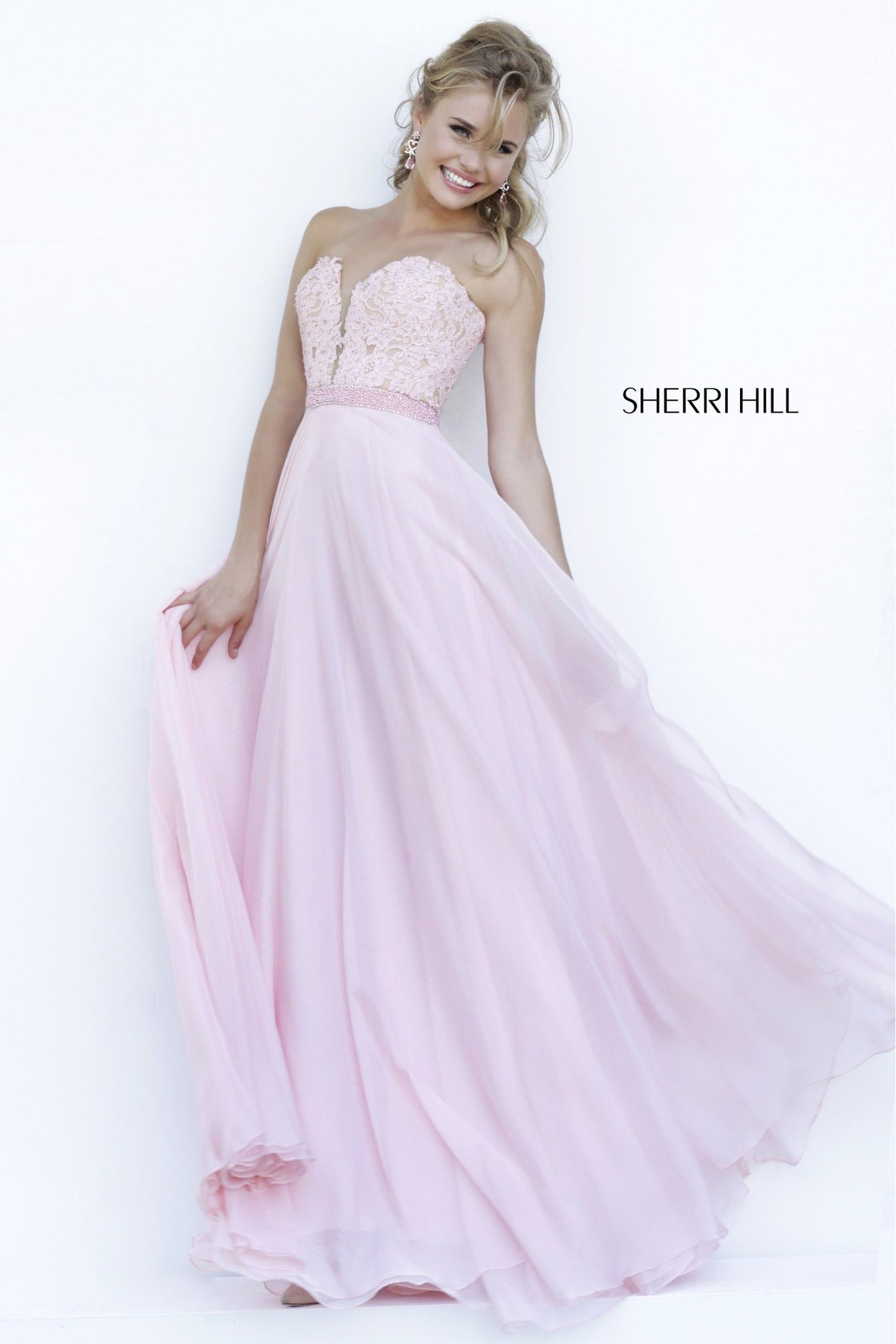Sherri Hill 32180 strapless beaded bodice chiffon gown in blush/nude