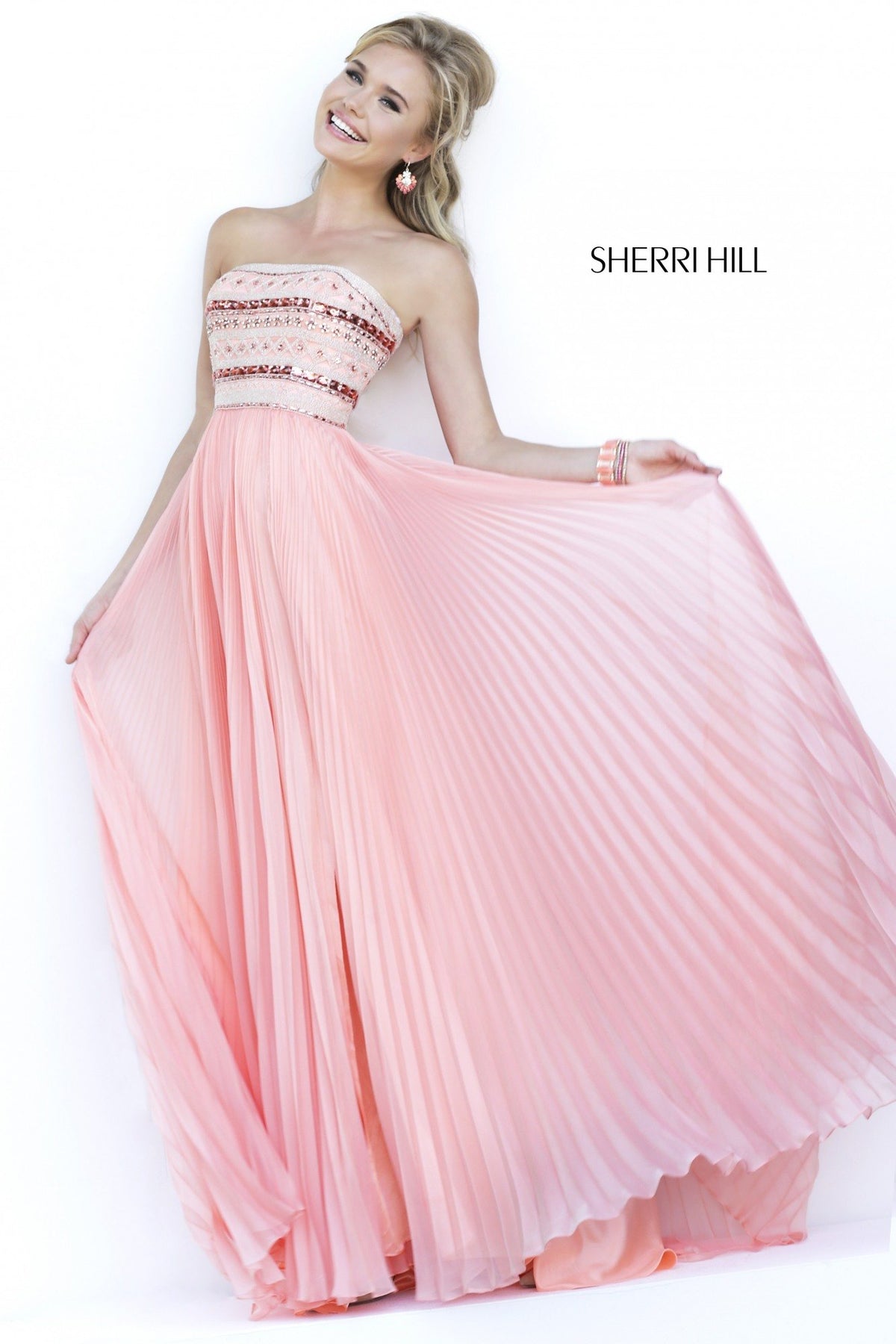 Sherri Hill 32182 strapless beaded bodice chiffon gown in pink