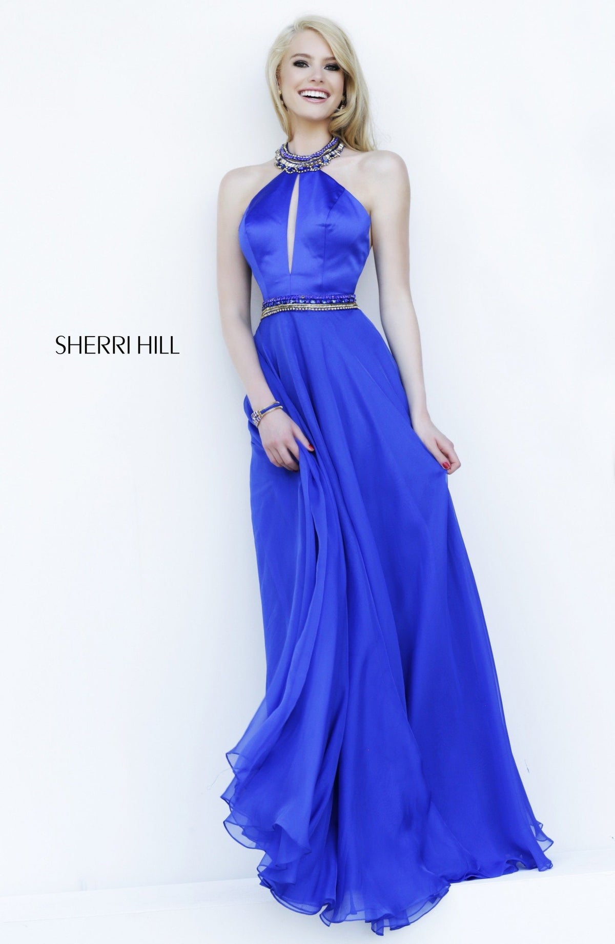 Sherri Hill 32185 halter color-block gown with beaded waist in royal