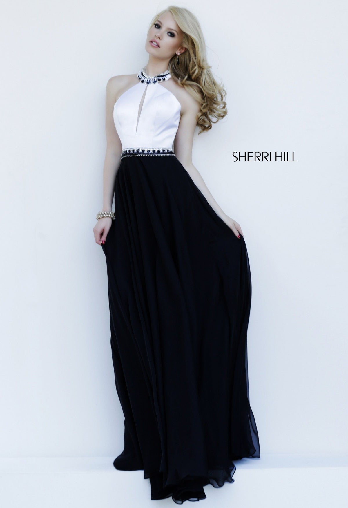Sherri Hill 32185 halter color-block gown with beaded waist