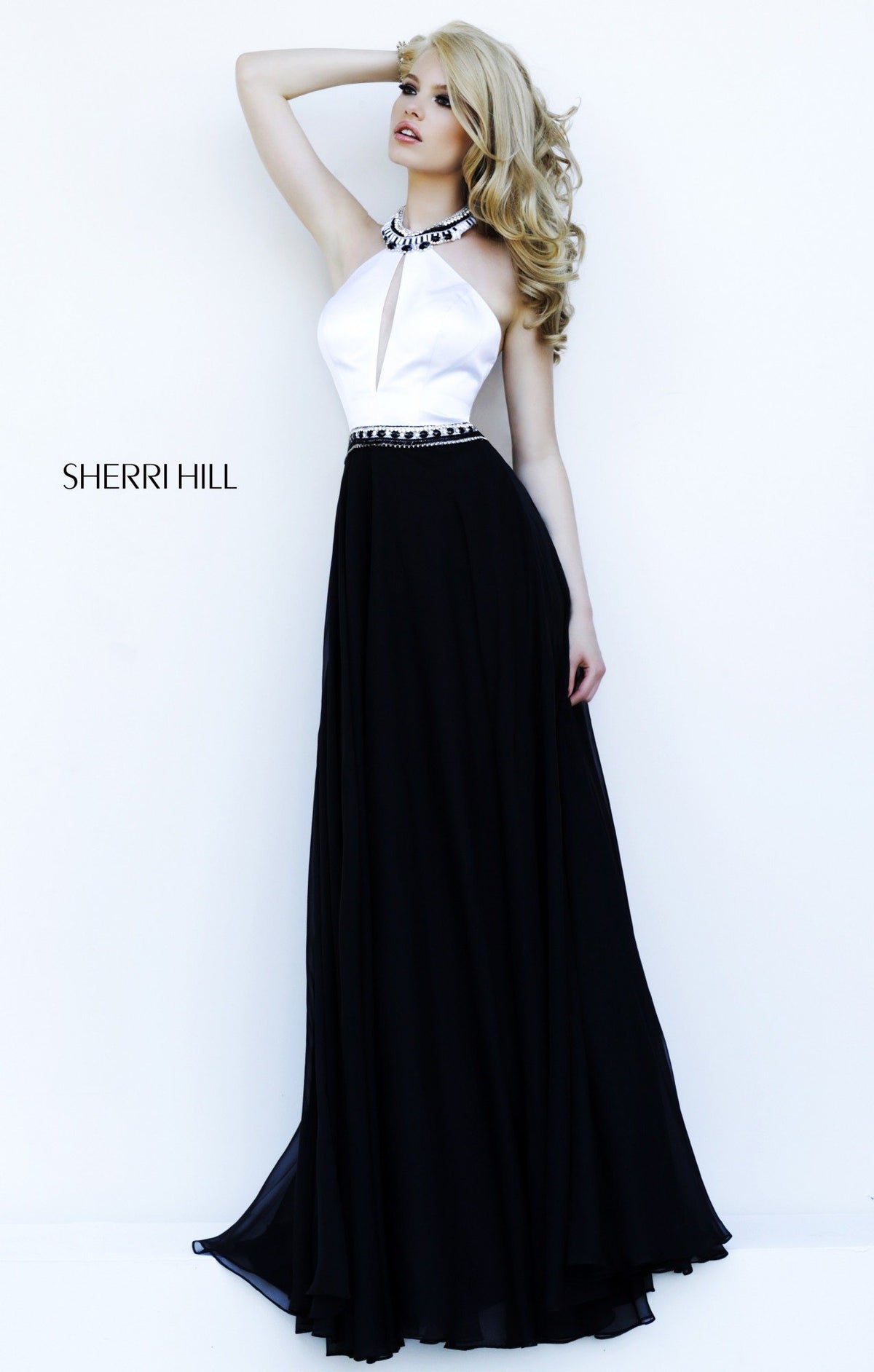 Sherri Hill 32185 halter color-block gown with beaded waist in black/white
