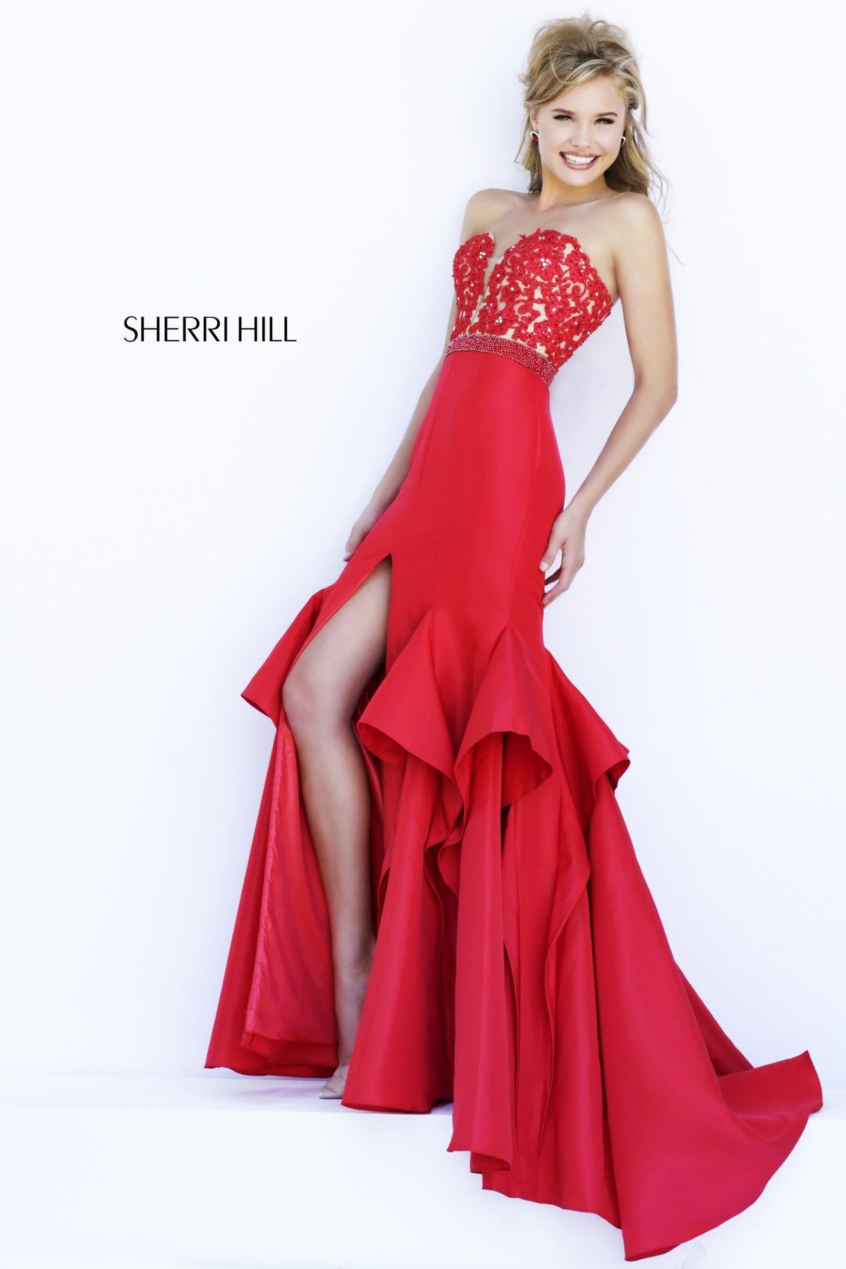 Sherri Hill 32192 strapless satin mermaid gown with ruffled skirt and slit