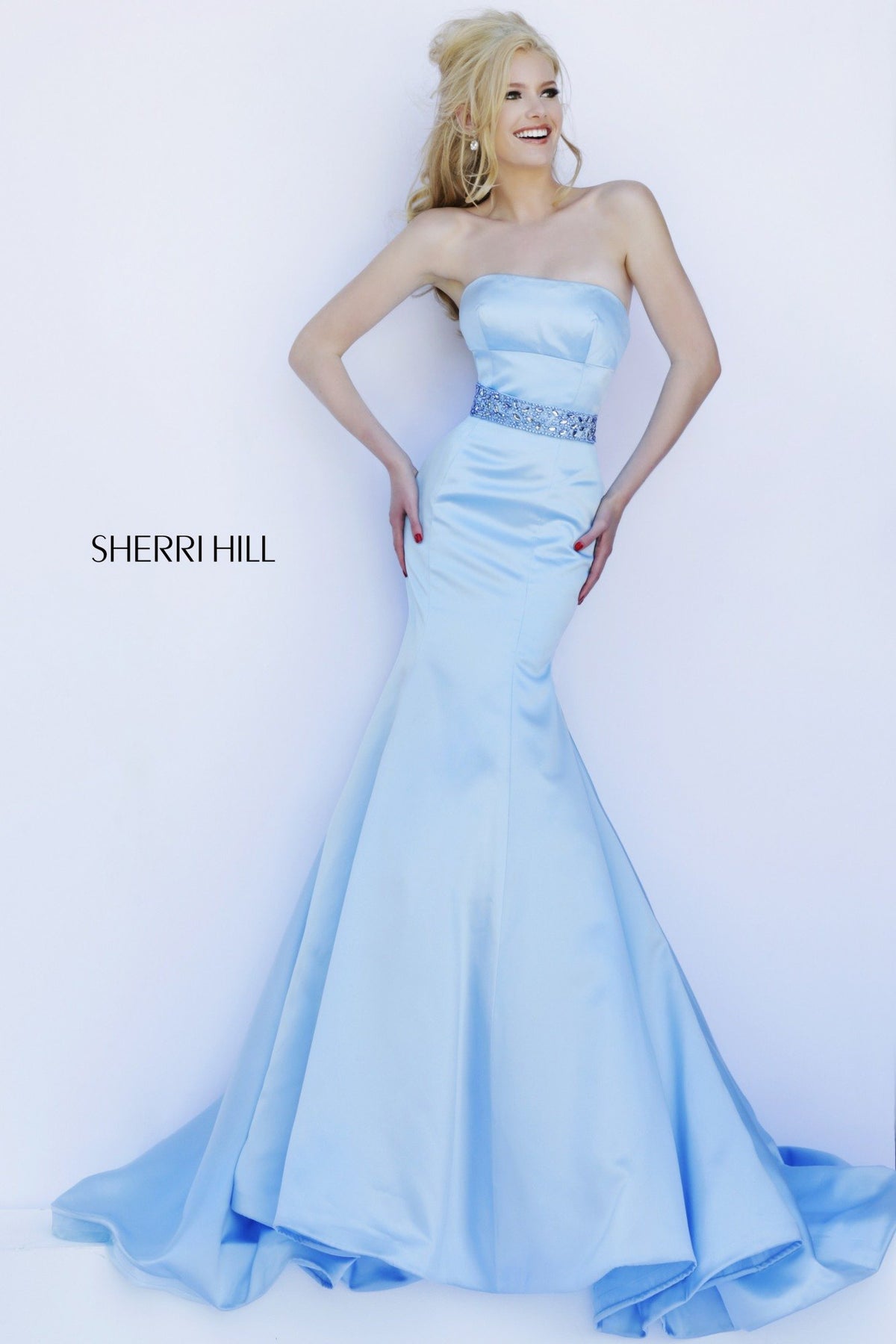Sherri Hill 32194 strapless satin mermaid gown in light blue