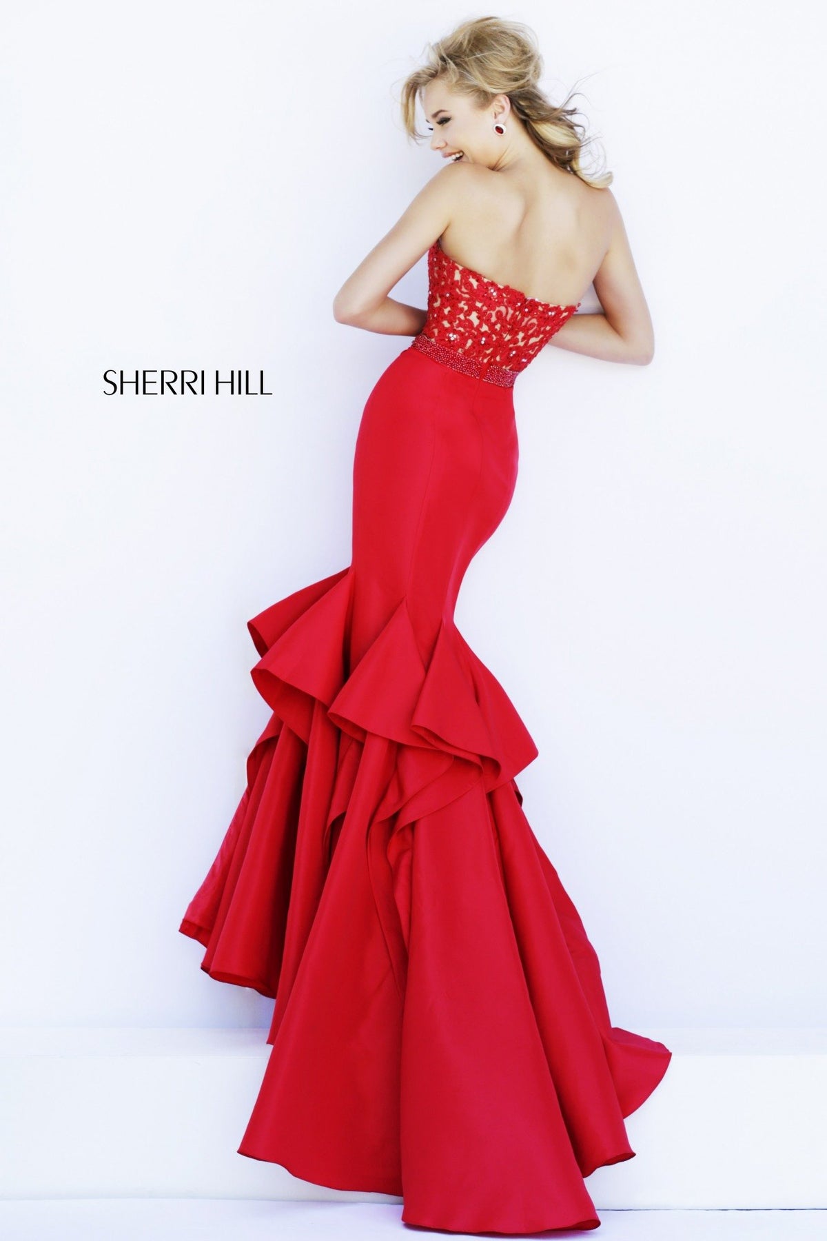 Sherri Hill 32192 strapless satin mermaid gown with ruffled skirt and slit