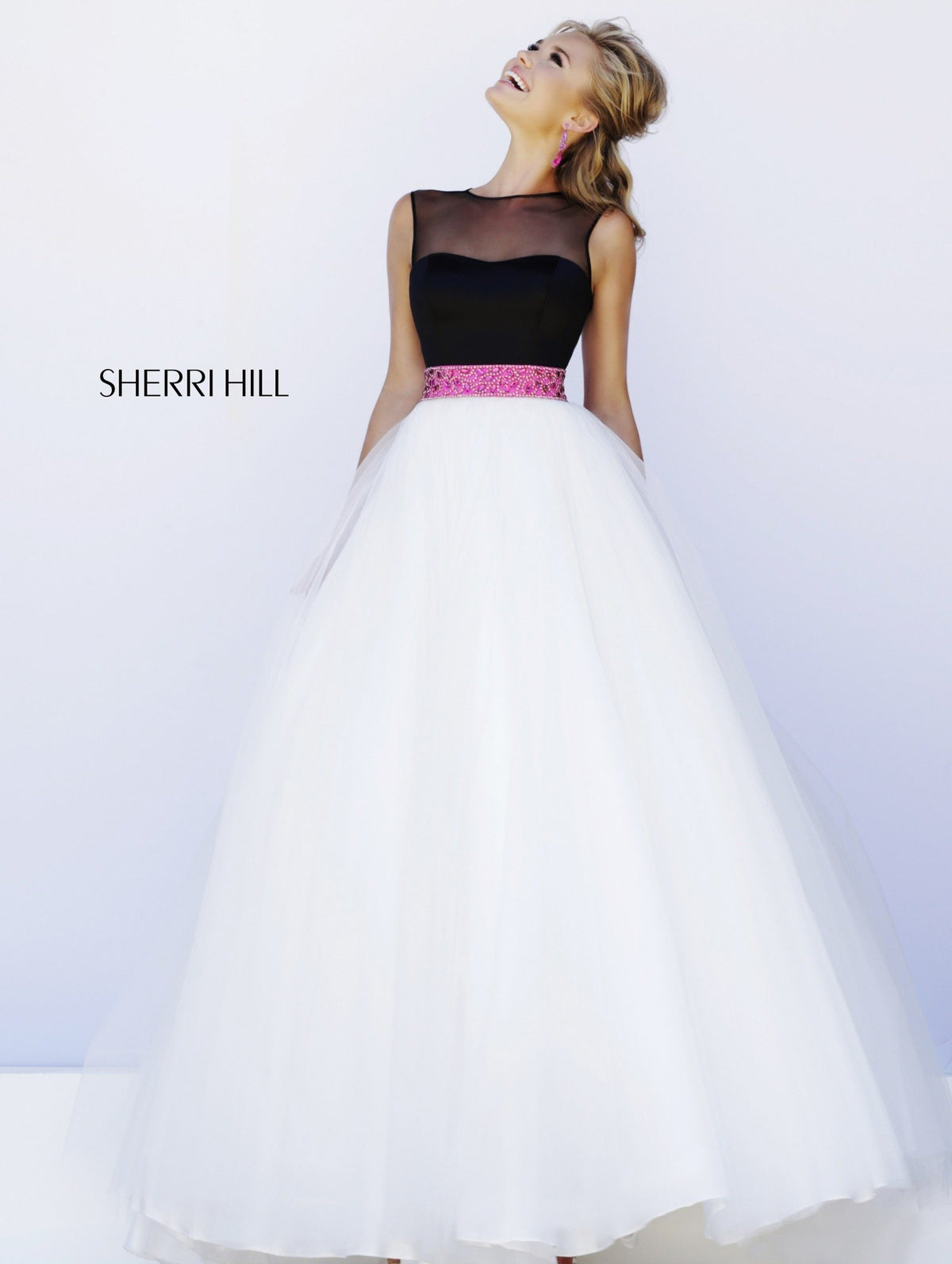 Sherri Hill 32211 cap-sleeve tulle ball gown in black/fuchsia/white