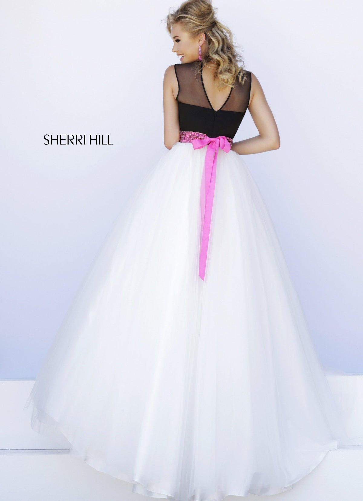 Sherri Hill 32211 cap-sleeve tulle ball gown in black/fuchsia/white