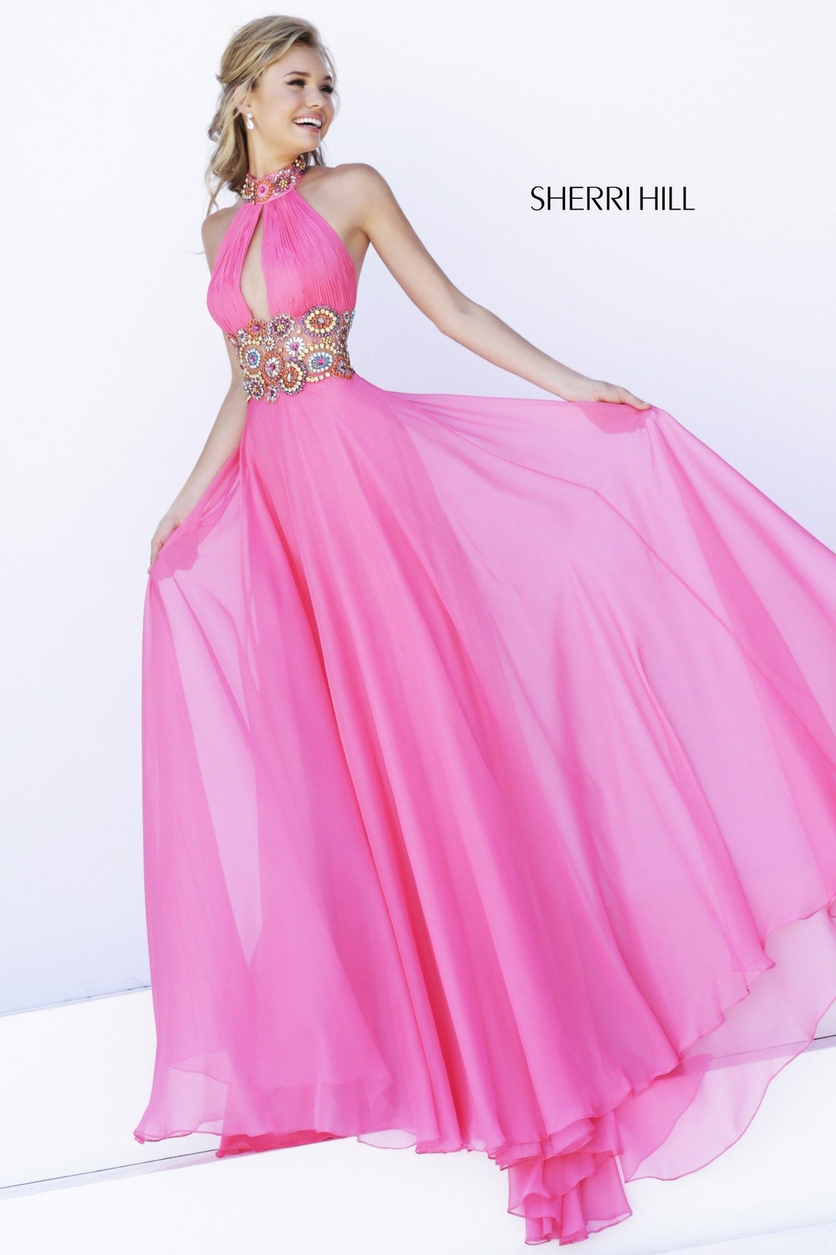 Sherri Hill 32225 two-piece chiffon gown with beaded crop top in coral/multi