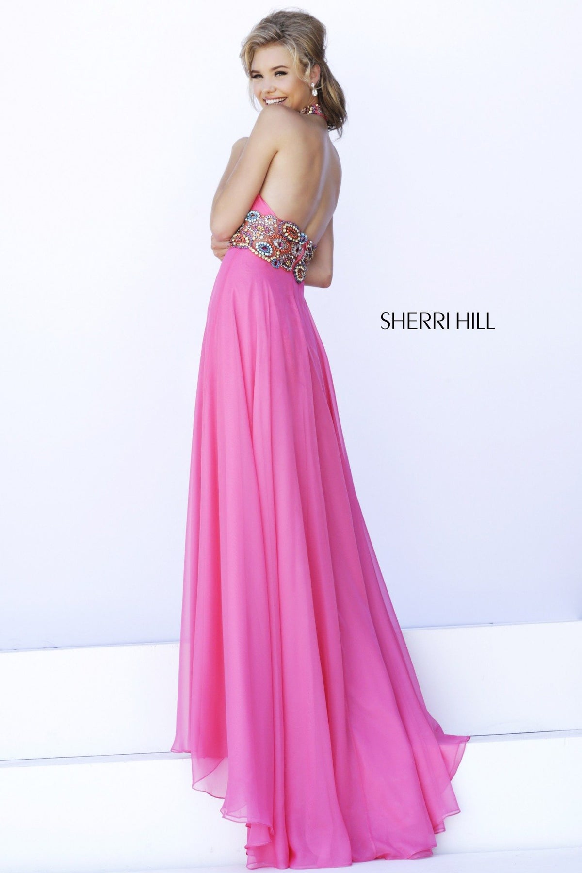 Sherri Hill 32225 two-piece chiffon gown with beaded crop top