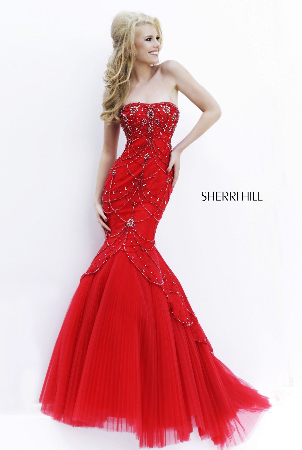 Sherri Hill 32237 strapless beaded mermaid gown in red