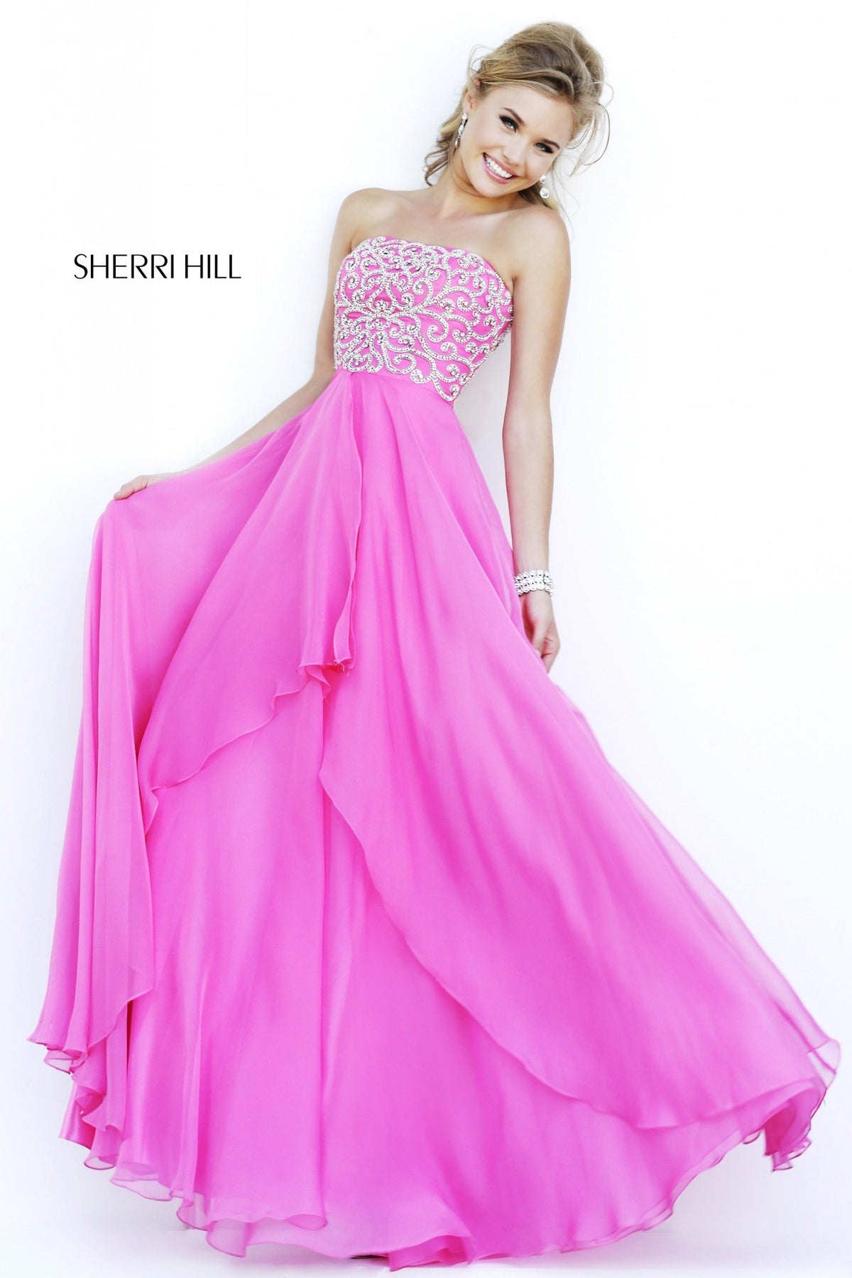 Sherri Hill 8554 strapless chiffon gown in fuchsia
