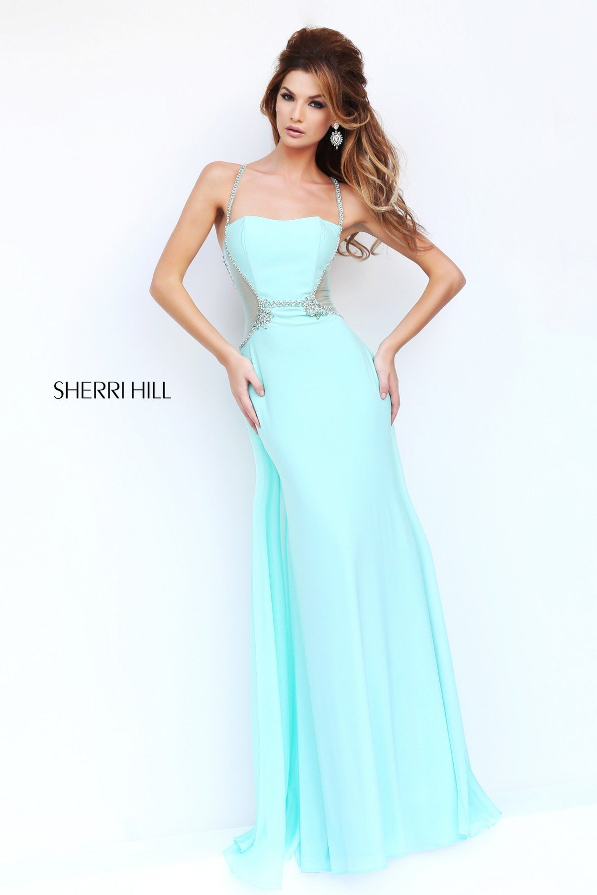Sherri Hill 8558 strapless chiffon gown with beaded waist