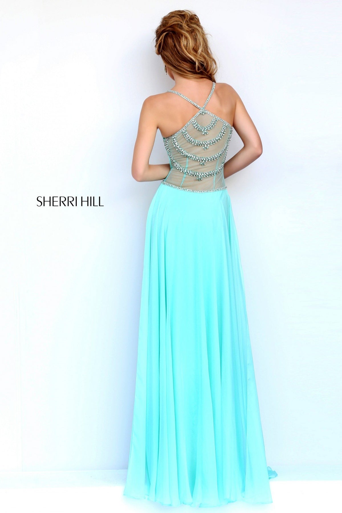 Sherri Hill 8558 strapless chiffon gown with beaded waist