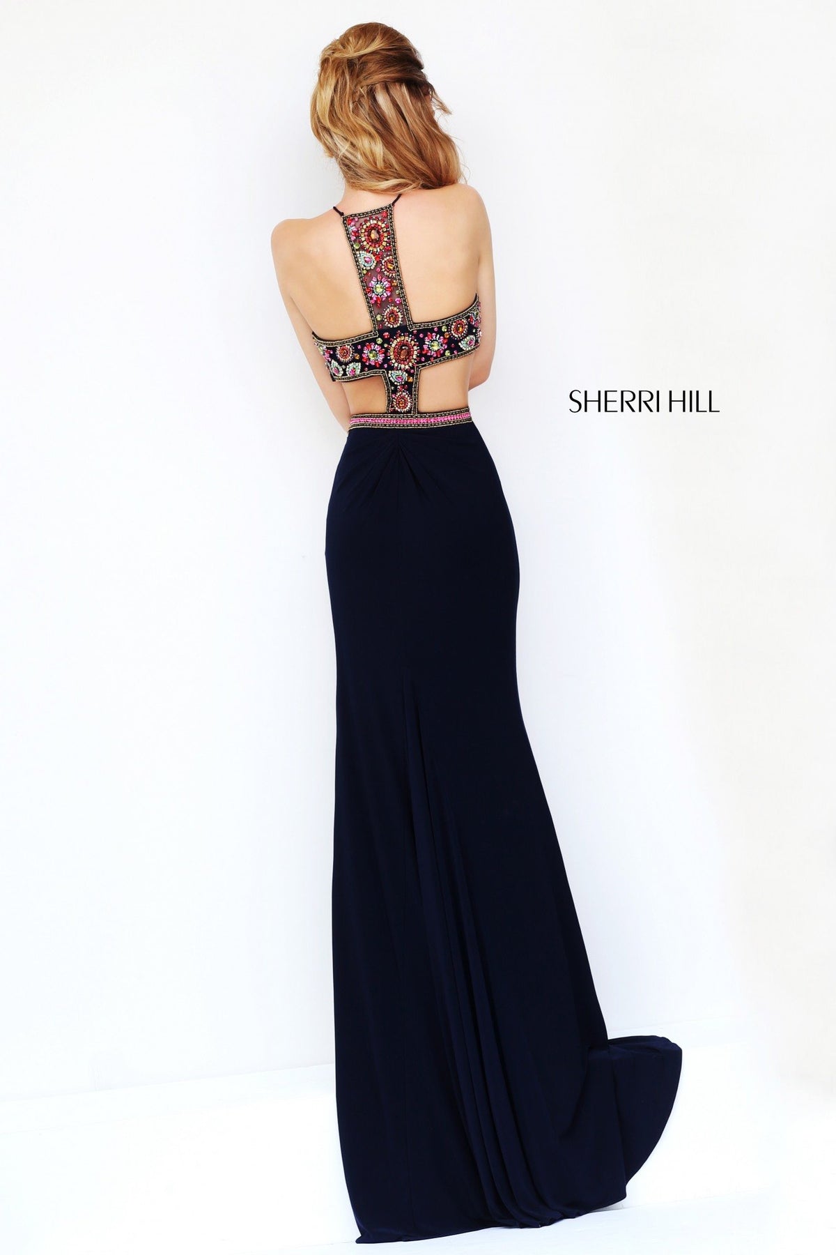 Sherri Hill 11264 fitted jersey gown with embroidered bodice and slit