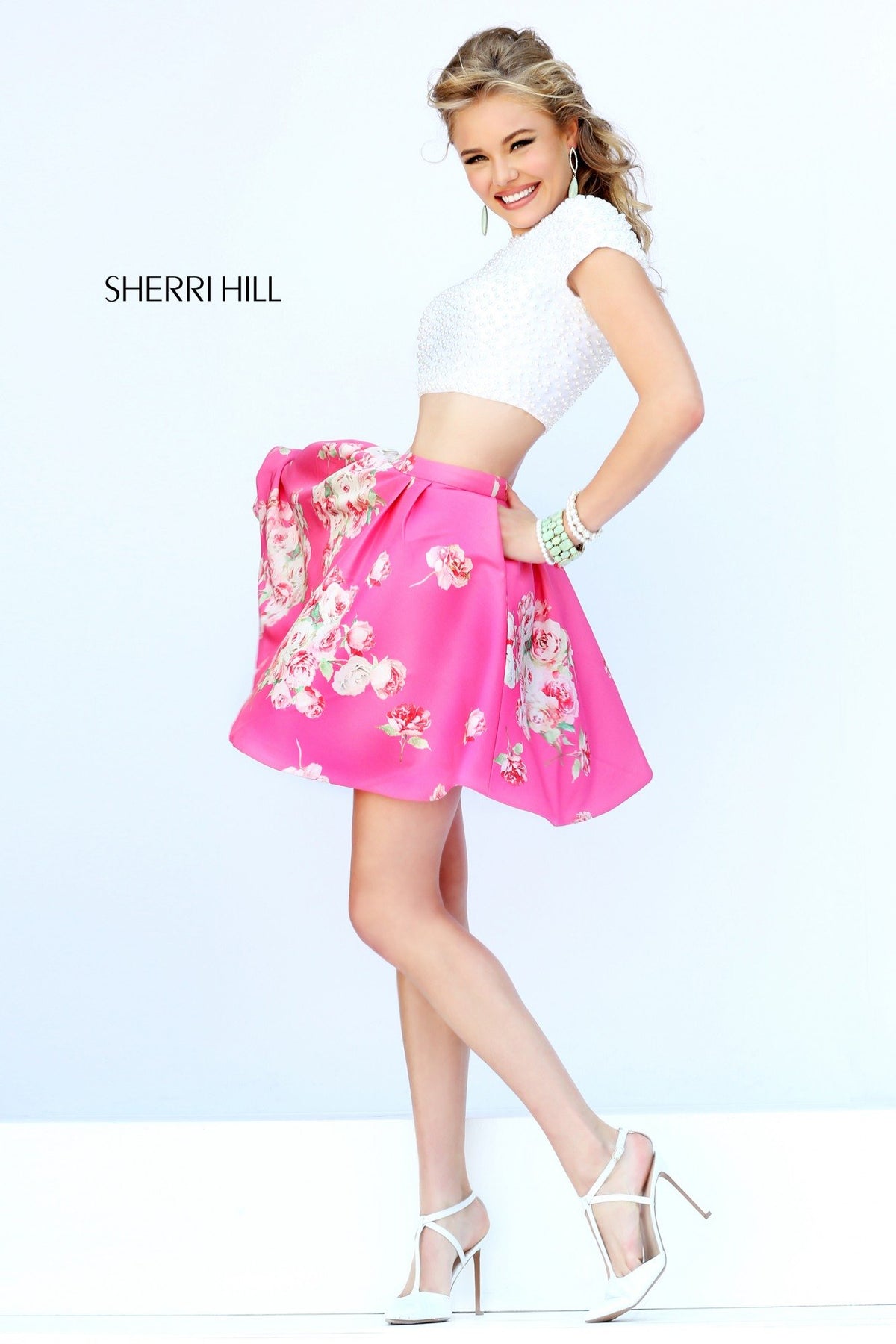 Sherri Hill 32251 two-piece cap-sleeve cocktail dress with floral print skirt in ivory/pink print