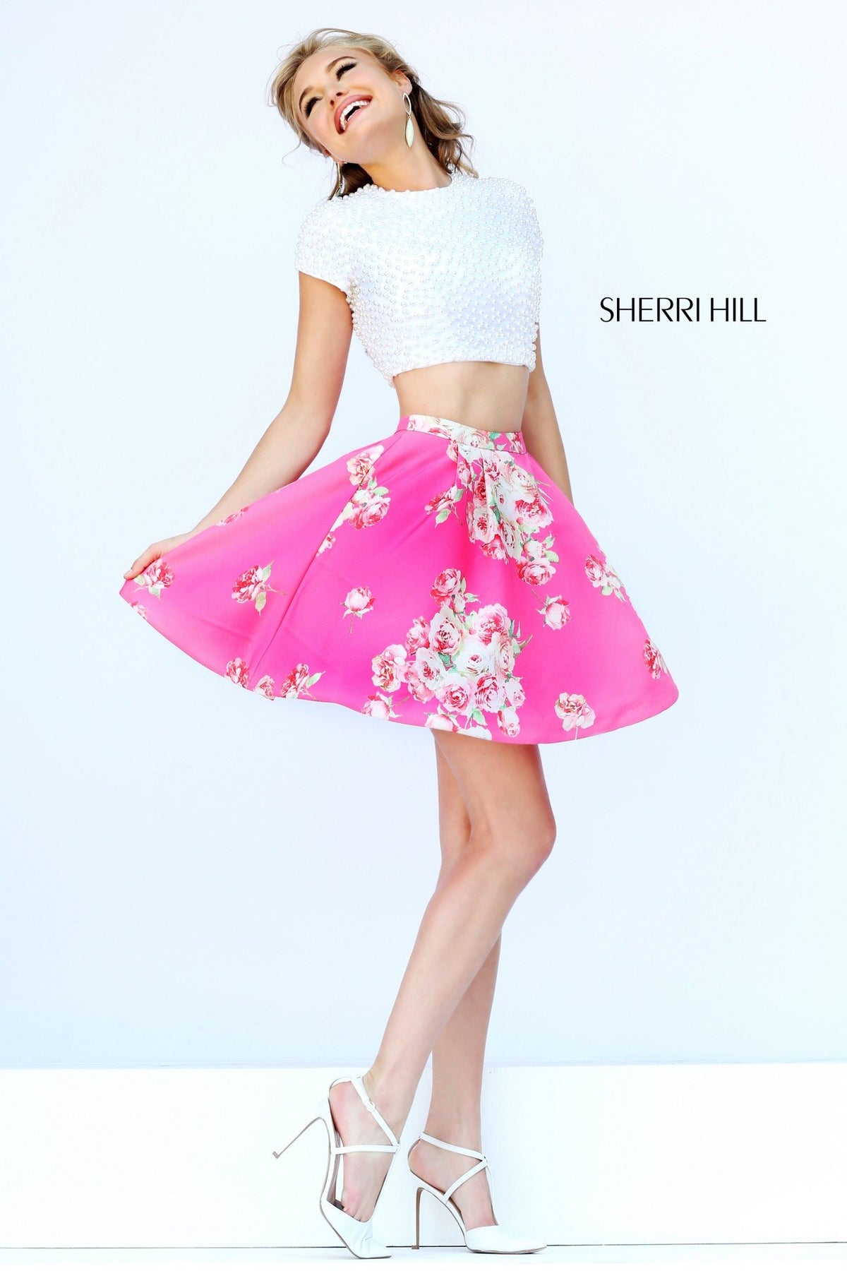 Sherri Hill 32251 two-piece cap-sleeve cocktail dress with floral print skirt