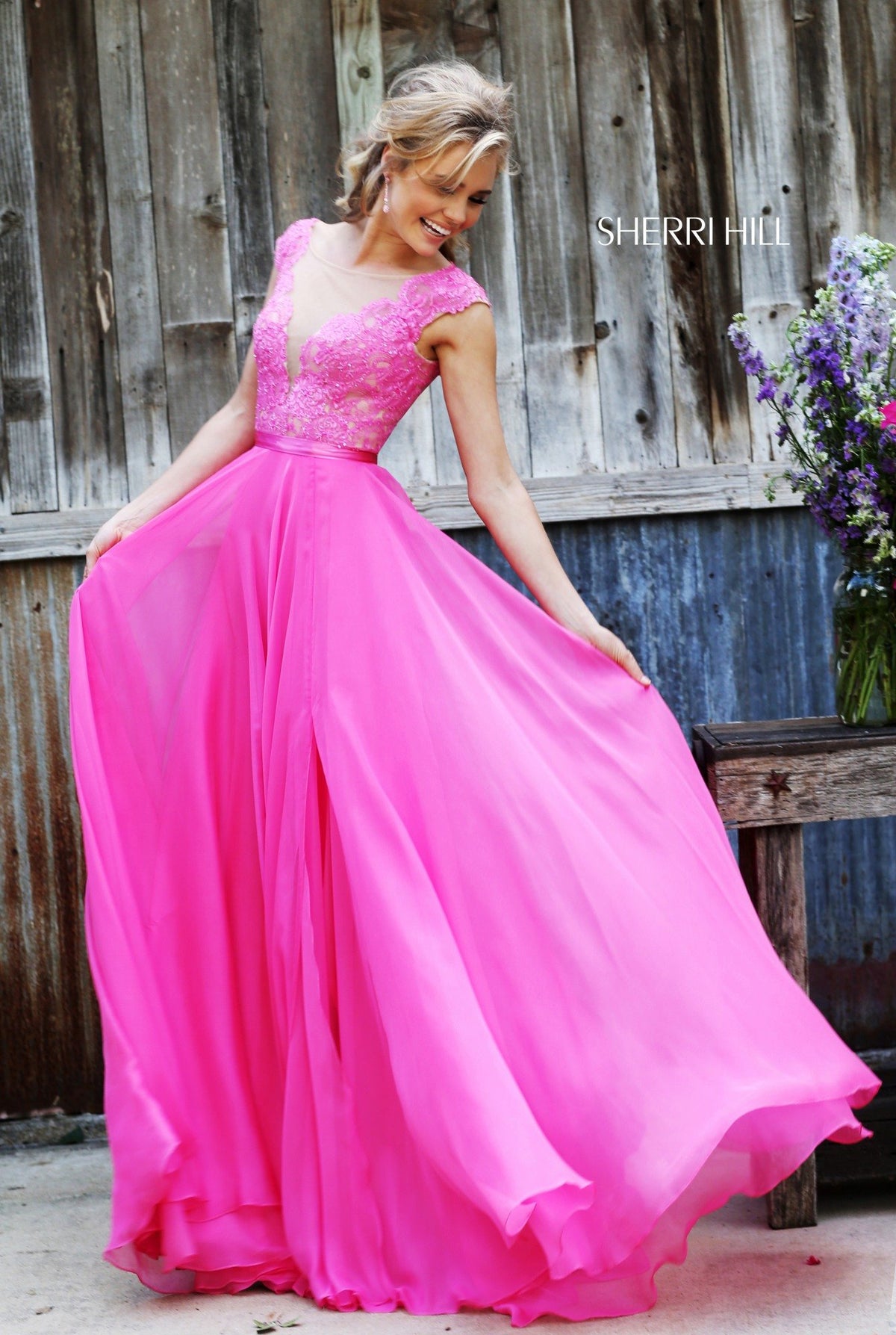 Sherri Hill 11269 cap-sleeve lace bodice chiffon gown in pink