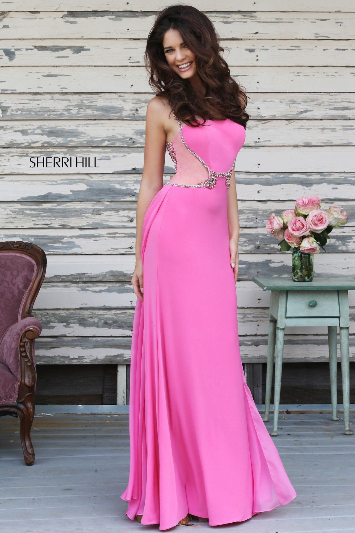 Sherri Hill 8558 strapless chiffon gown with beaded waist in pink