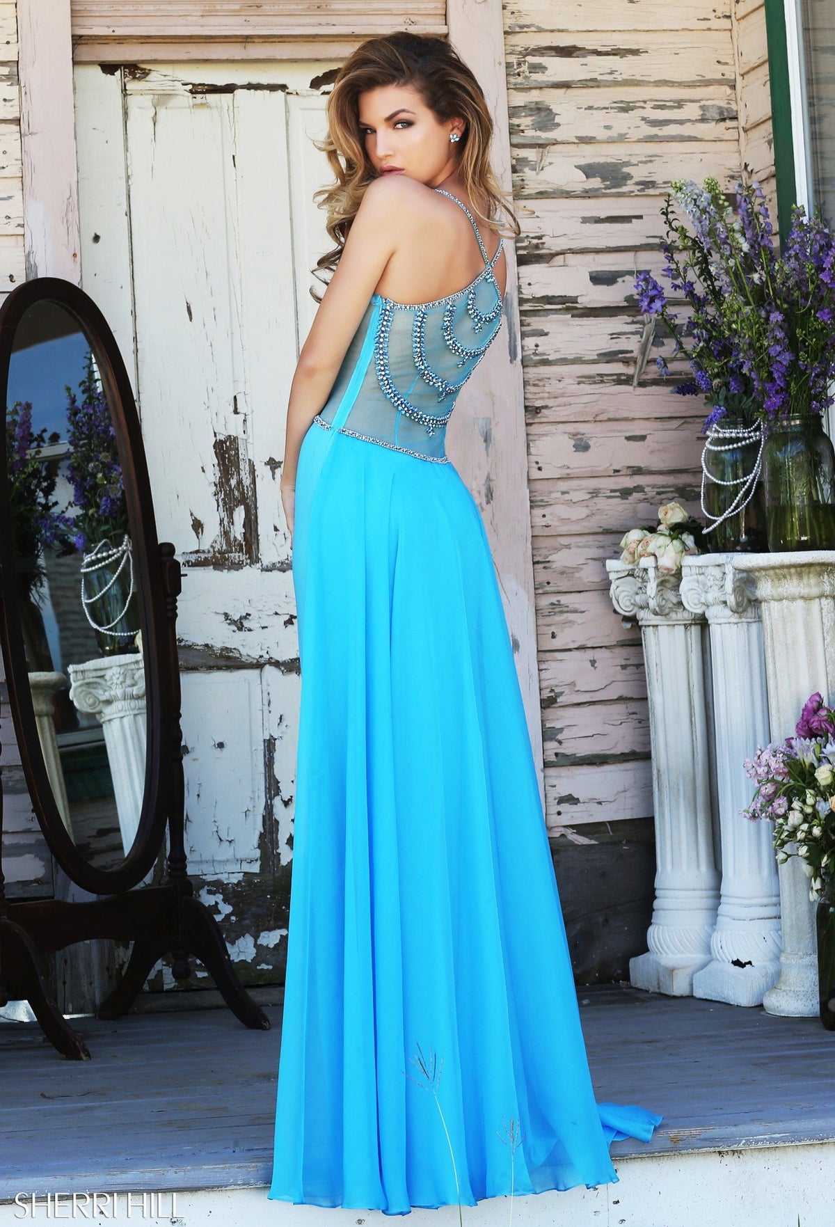 Sherri Hill 8558 strapless chiffon gown with beaded waist