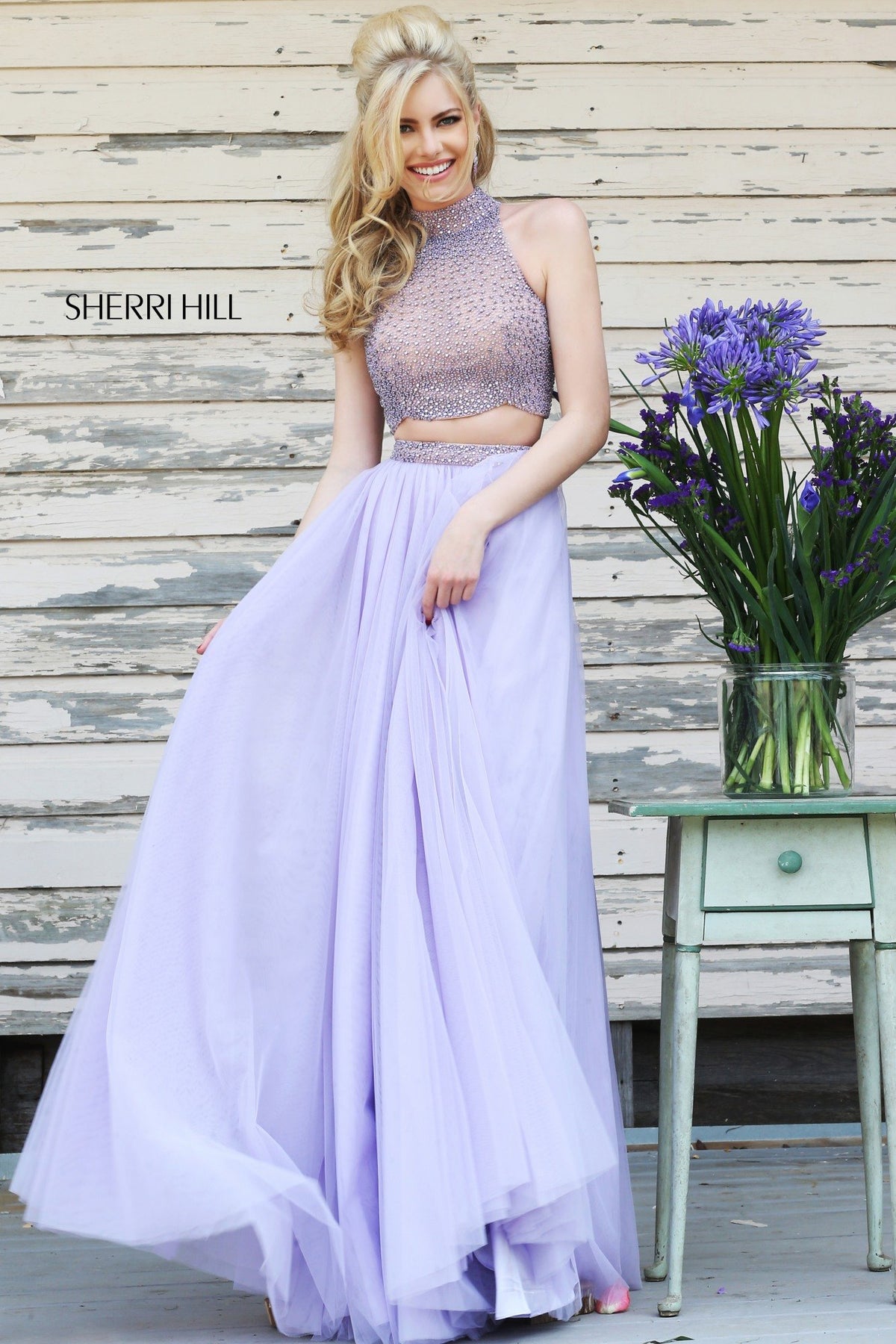 Sherri Hill 11220 two-piece chiffon gown with beaded crop top in lilac