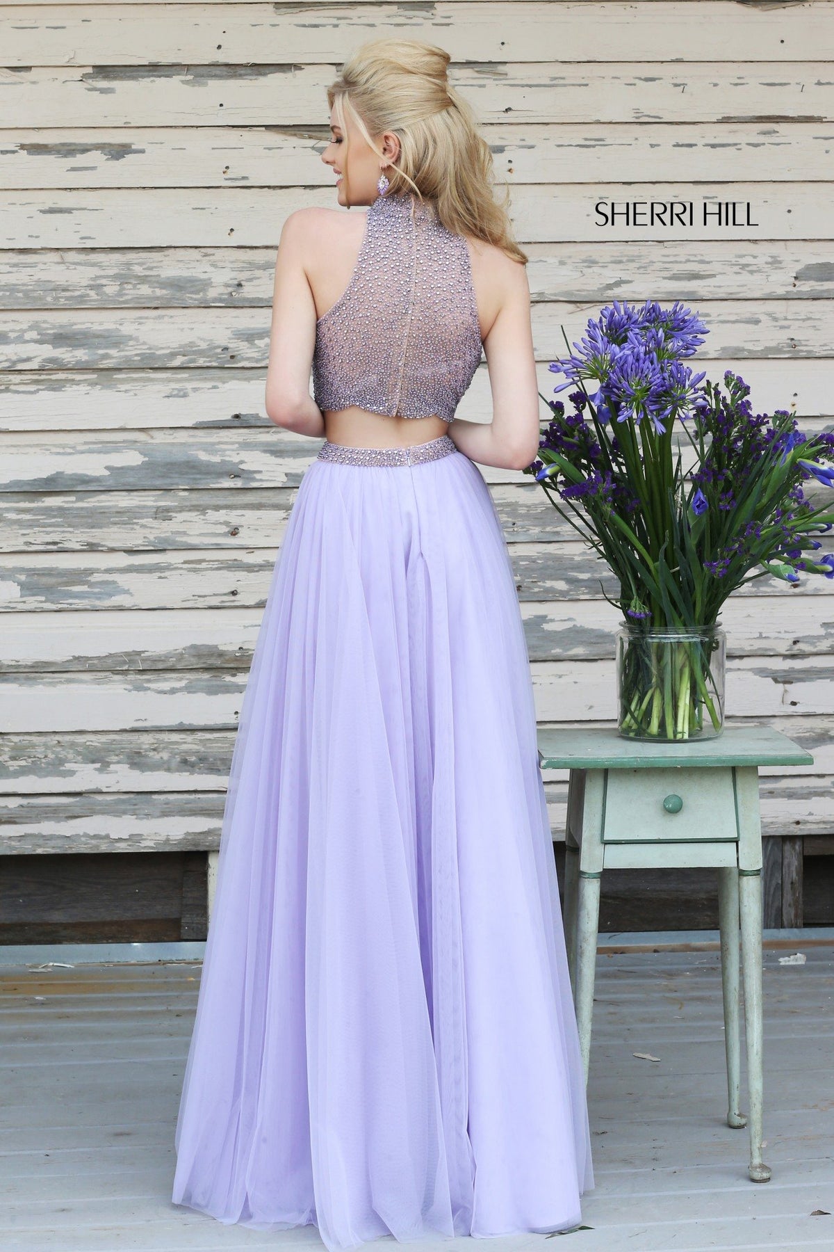 Sherri Hill 11220 two-piece chiffon gown with beaded crop top