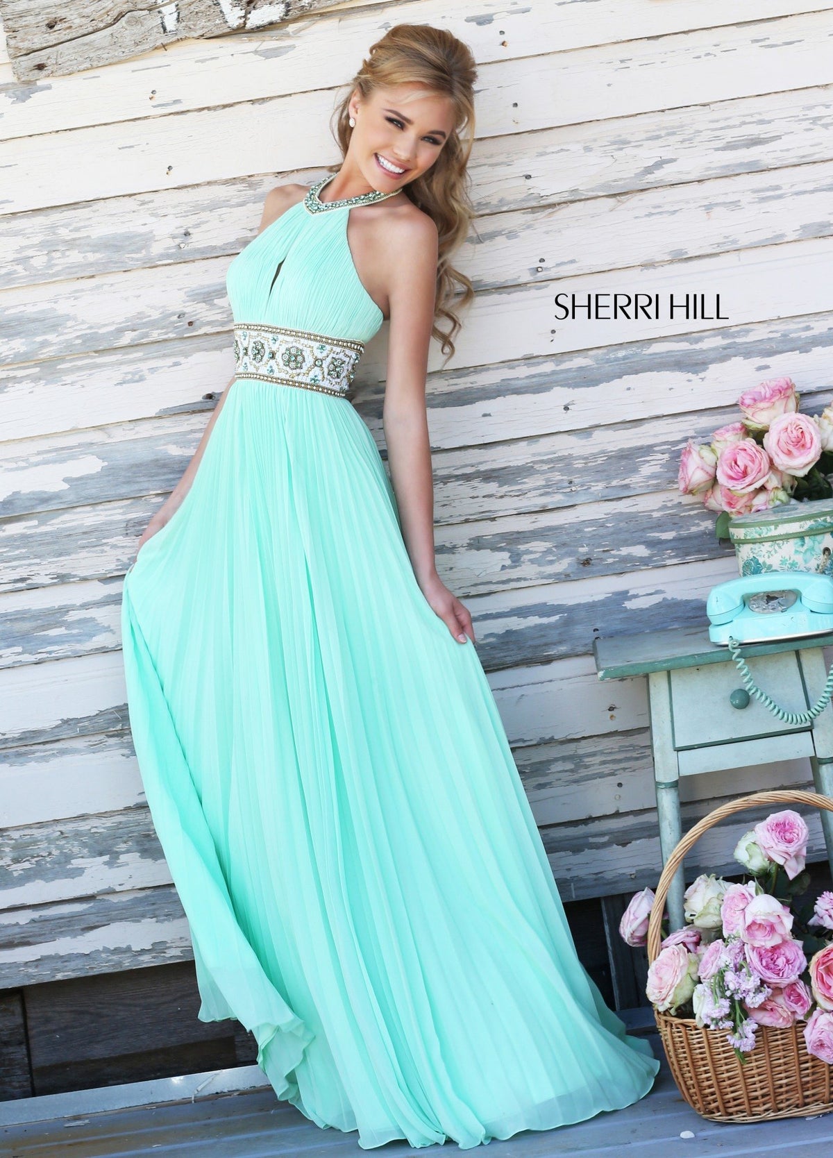 Sherri Hill 11251 pleated chiffon gown with beaded waist in light green