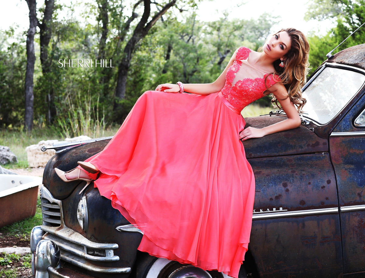 Sherri Hill 11269 cap-sleeve lace bodice chiffon gown in coral