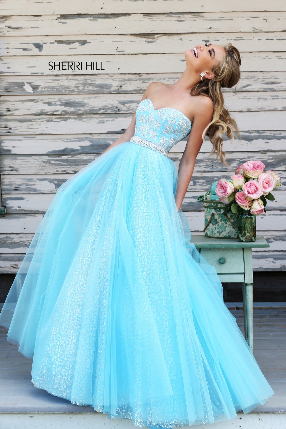 Sherri Hill 11186 strapless tulle ball gown in light blue/silver