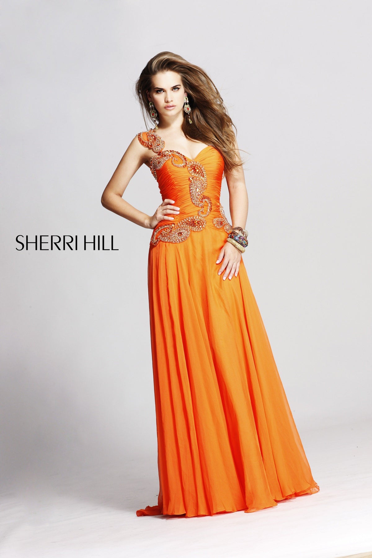 Sherri Hill 1460 one-shoulder beaded chiffon gown in orange