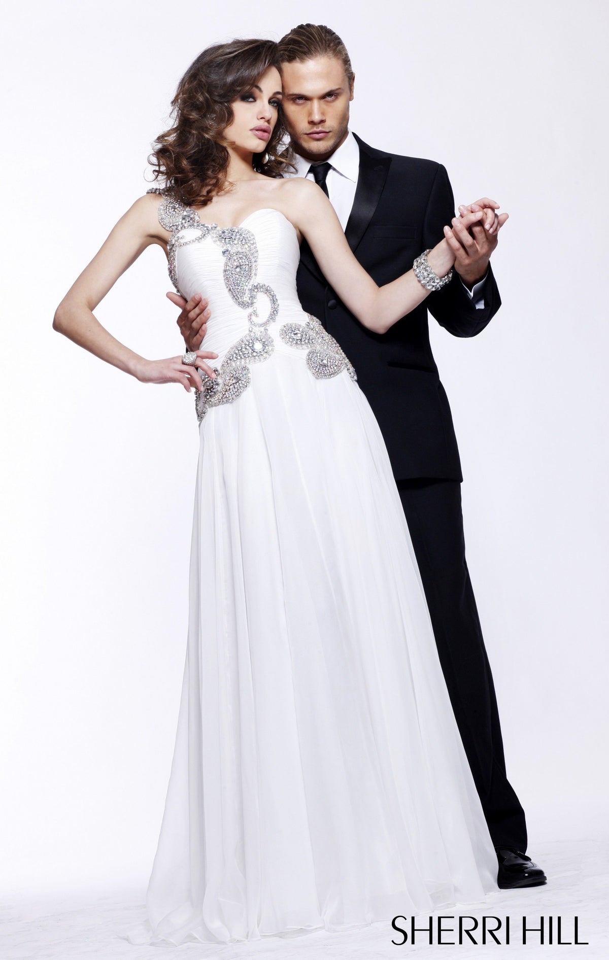 Sherri Hill 1460 one-shoulder beaded chiffon gown in white