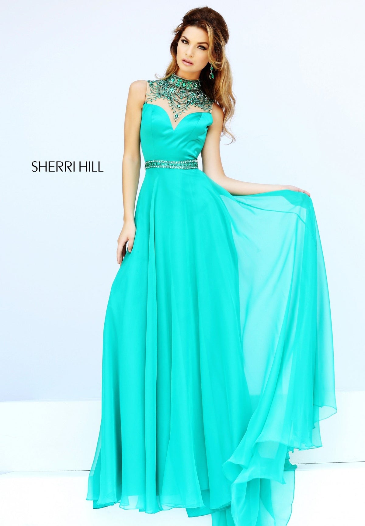 Sherri Hill 32144 beaded bodice chiffon gown in emerald