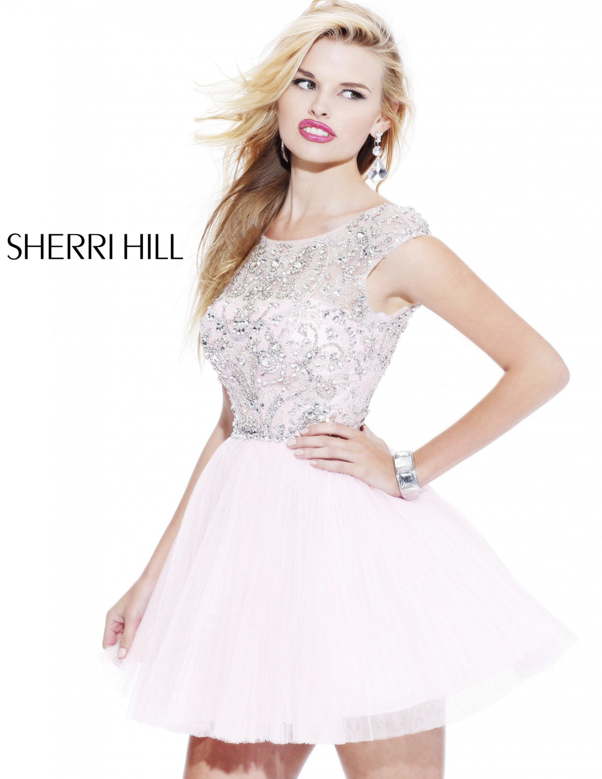 Sherri Hill 2814 cap-sleeve beaded cocktail dress with tulle skirt in light pink