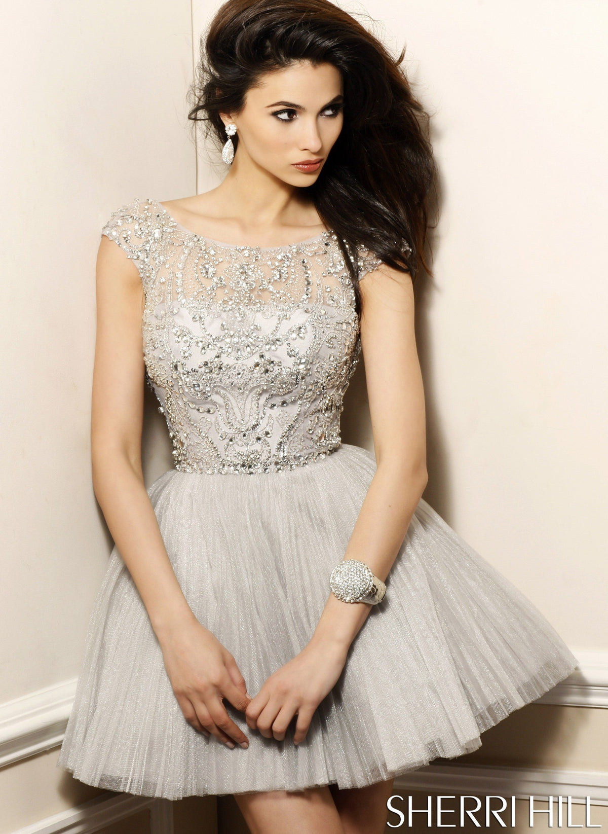 Sherri Hill 2814 cap-sleeve beaded cocktail dress with tulle skirt in gunmetal/gunmetal