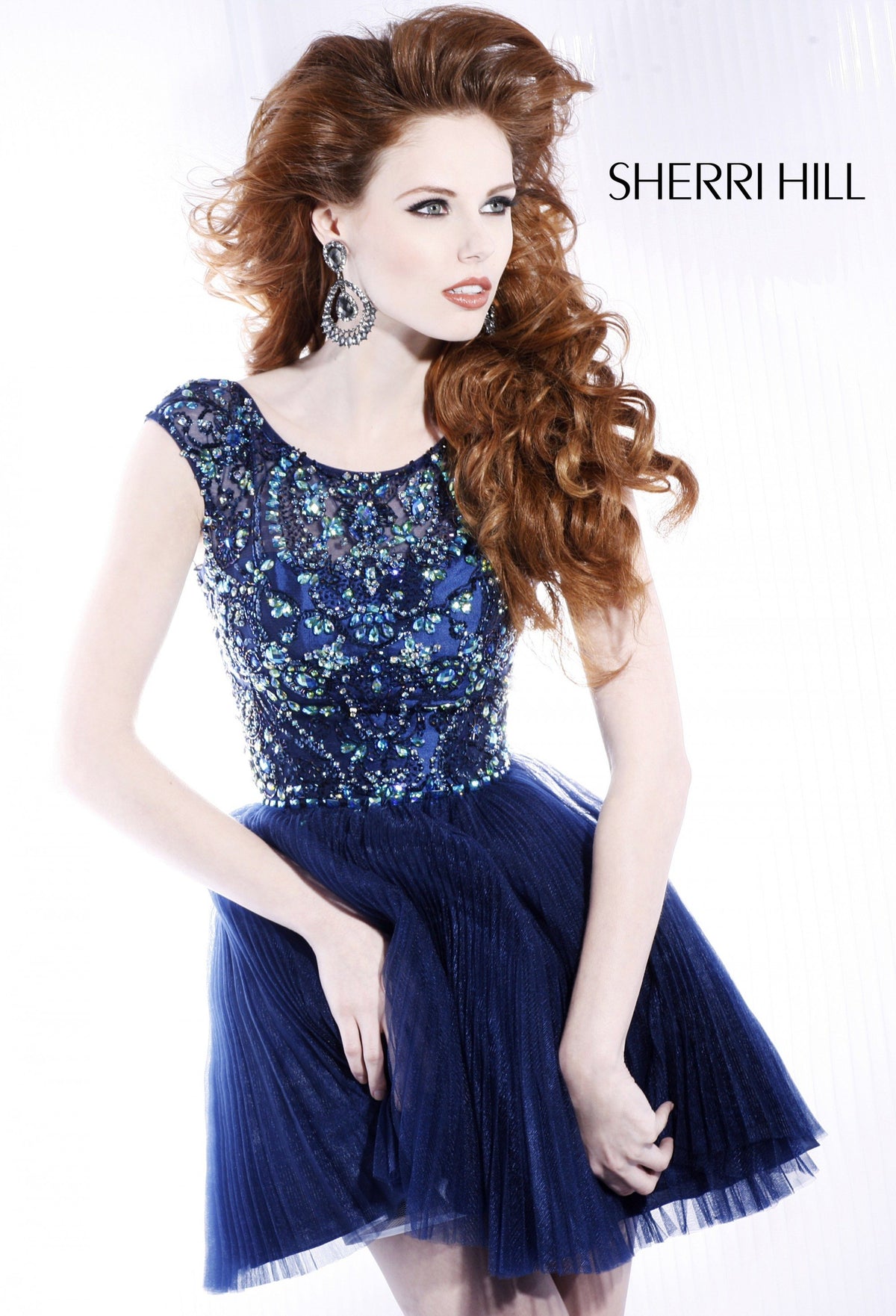 Sherri Hill 2814 cap-sleeve beaded cocktail dress with tulle skirt in navy/multi