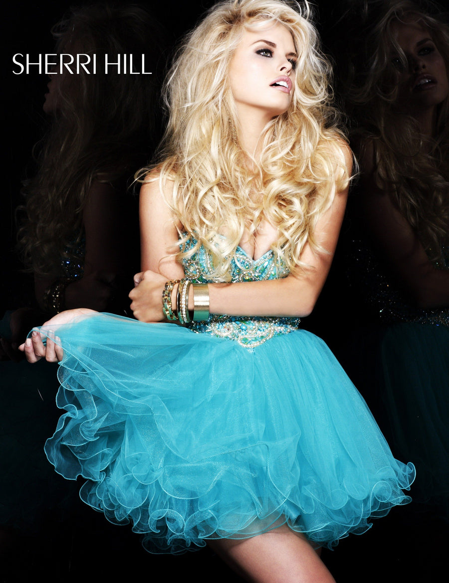 Sherri Hill style 2864 in aqua, Beaded Cocktail Dress with Ruffled Tulle Skirt